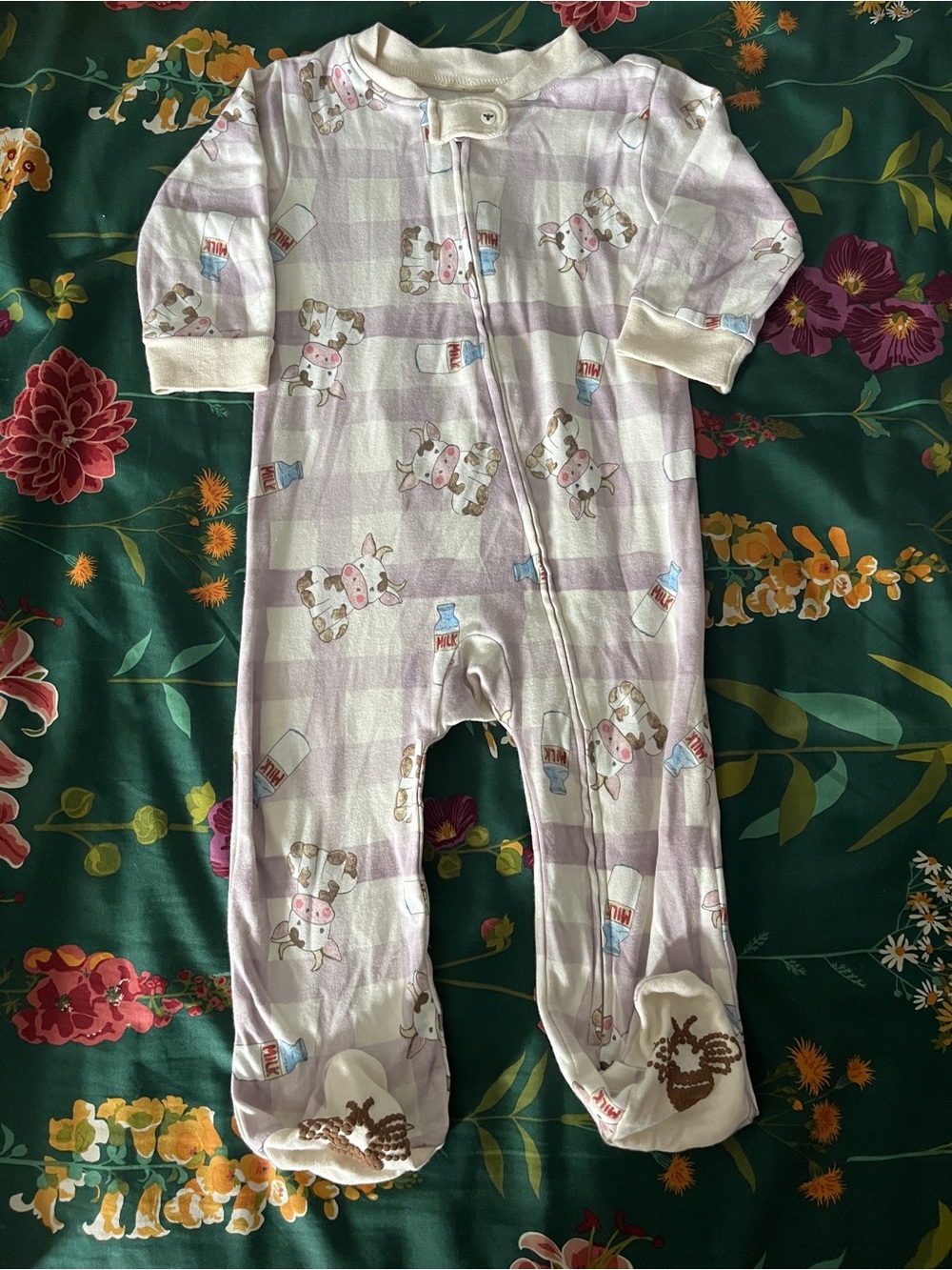 Burt's Bees Lavender Plaid Cow Print Footed One-Piece